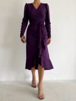 Krep Kumaş Midi Boy Kuşaklı Uzunkol Elbise - Görsel 7