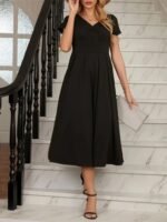 Kadın Kısa Kollu V Yakalı önden Pileli Midi Janjan Krep Elbise - Görsel 2