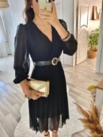 Kadın şifon Kumaş Astalı Kloş Kesim Kruvaze Yaka Midi Boy Elbise - Görsel 6