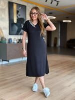 Kadın Kısa Kollu V Ribana Yakalı Yırtmaçlı Midi Viskon Iki Iplik Elbise - Görsel 2