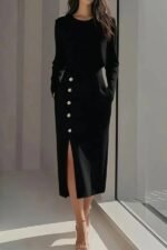 Kadın Uzun Kollu Bisiklet Yakalı Yandan Yırtmaçlı Düğmeli Midi Ithal Krep Elbise - Görsel 4