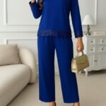 Kadın Uzun Kollu Bisiklet Yaka Pulpayetli Viskon Iki Iplik Bluz Ve Pantolon Ikili Takım