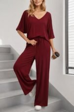 Kadın Kısa Kollu V Yakalı Viskon Bluz Ve Pantolon Ikili Takım - Görsel 2