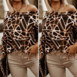 Kadın Uzun Kollu V Yaka Düşük Omuz Geometrik Desen şardonlu Dalgıç Bluz - Görsel 2