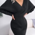 Kadın Uzun Kollu Kruvaze Geniş Yakalı Mini Triko Elbise