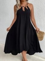 Kadın Boyundan Askılı Damla Detaylı Halkalı Asimetrik Kesim Viskon Elbise - Görsel 4