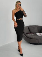 Kadın Siyah Tek Kol Dantel Detay Omuz Dekolte Krep Elbise - Görsel 7