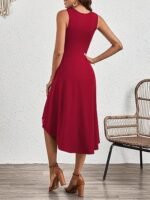 Kadın Sıfır Kollu Bisiklet Yaka Büzgülü Asimetrik Kesim Detaylı Janjan Krep Elbise - Görsel 7