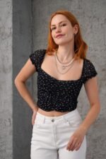 Puantiyeli Belden Oturtmalı Tül Siyah Bluz - Görsel 2