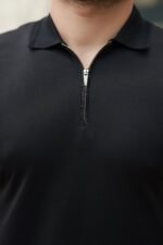 Erkek Deri Panel Detaylı Fermuar Yakalı Kısa Kollu Tişört - Görsel 3