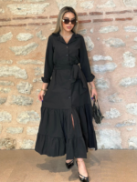 Kadın Uzun Kollu Eteği Fırfırlı Beli Kuşaklı Trikoton Tam Boy Gömlek Elbise - Görsel 8