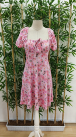 Kadın Kısa Kollu Mini çiçek Baskılı Bağcık Detay Süprem Midi Boy Elbise - Görsel 6