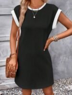 Kadın Kısa Kollu Yuvarlak Yakalı Kontrast Manset Detaylı Kısa Janjan Krep Elbise - Görsel 2