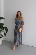 Kadın Kısa Kollu Madonna Yaka Fırfırlı Belden Yırtmaçlı Maksi Süprem Elbise - Görsel 2