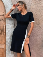 Kadın Kısa Kollu Bisiklet Yaka Yandan Yırtmaçlı Renkli şerit Detay Janjan Krep Elbise - Görsel 3