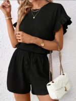 Kadın Kısa Kollu Bisiklet Yaka Bürümcük Bluz Ve Kısa Short Ikili Takım