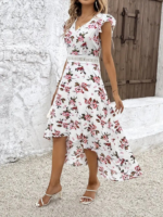 Kadın Kısa Kollu V Yakalı çiçek Desenli önü Kısa Arkası Uzun Süprem Elbise - Görsel 6