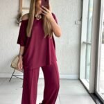 Kadın Tek Omuzdan Açık Geniş Kesim Viskon Iki Iplik Bluz Ve Pantolon Ikili Takım