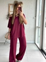 Kadın Tek Omuzdan Açık Geniş Kesim Viskon Iki Iplik Bluz Ve Pantolon Ikili Takım