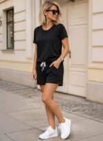 Kadın Kısa Kollu Bisiklet Yaka Viskon Iki Iplik Kumaş Bluz Ve şort Ikili Takım - Görsel 2