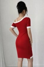 Kadın Kısa Kollu Asimetrik Kesim Yaka şerit Ve Aksesuar Detaylı Modal Elbise - Görsel 4