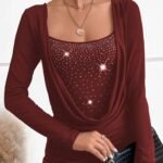 Kadın Uzun Kollu Derin Degaje Yakalı Taşlı Sandy Bluz