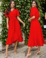 Kadın Kruvaze Yaka Midi Boy Kuşaklı Krep Elbise 120 Cm - Görsel 3