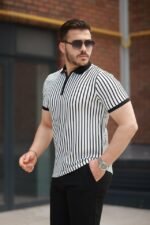 Erkek çizgili Fermuar Yakalı Kısa Kollu Tişört - Görsel 2