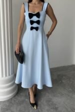 Bebe Mavi Fiyonk Garnili Dantelli Elbise - Görsel 4