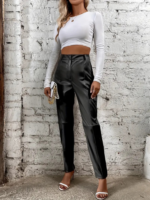 Kadın Yüksek Bel önden Düğmeli Deri Pantolon - Görsel 4