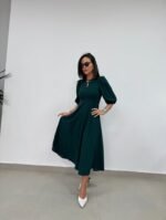 Kadın Kısa Kollu Bisiklet Yaka Fiyonk Broşlu Midi Janjan Krep Elbise - Görsel 8