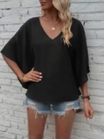 Kadın Kısa Kollu V Yakalı Salaş Viskon Bluz - Görsel 2