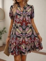 Kadın Kısa Kollu V Yakalı Desenli Kısa Süprem Elbise - Görsel 6