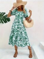 Kadın Kısa Kollu Kare Yakalı Lastikli Desenli Süprem Elbise - Görsel 2