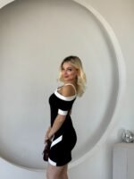 Kadın Kısa Kollu Asimetrik Kesim Yaka şerit Ve Aksesuar Detaylı Modal Elbise - Görsel 8