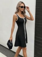 Kadın Askılı Yuvarlak Yakalı şerit Desenli Kısa Kiloş Elbise - Görsel 3