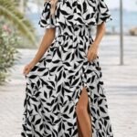 Kadın Madonna Yaka Göğüs Lastikli Yırtmaçlı Uzun Desenli Süprem Elbise