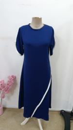 Kadın Kısa Kollu Bisiklet Yaka çift şerit Renk Detaylı Asimetrik Kesim Viskon Iki Iplik Elbise - Görsel 4