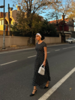 Kadın Kısa Kollu Bisiklet Yaka Puantiyeli Maksi örme Krep Elbise - Görsel 9