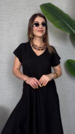 Kadın Kısa Kollu V Yaka Salaş Maxi Boy Elbise - Görsel 2