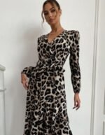 Kadın Uzun Kollu Kruvaze Yaka Yandan Bağlamalı önden Fırfır Detaylı Süprem Uzun Elbise - Görsel 3