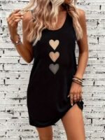 Kadın Askılı Yuvarlak Yakalı Kalp Baskılı Kısa Viskon Elbise