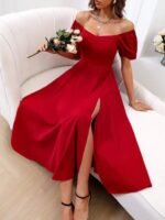 Kadın Kısa Kollu Kare Yakalı Yırtmaçlı Midi Janjan Krep Elbise