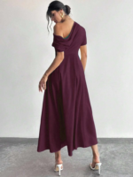 Kadın Omuzdan Açık Kısa Kollu Omuzdan Pileli Uzun Janjan Krep Elbise - Görsel 5