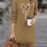 Kadın Uzun Kollu Bisiklet Yaka Kalp Desenli Kısa Viskon Elbise