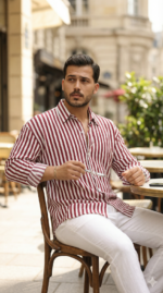 Erkek Dikey Çizgili Yarım Oversize Gömlek - Görsel 4