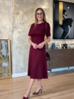 Kadın Kısa Kollu Bisiklet Yaka Midi Viskon Iki Iplik Elbise - Görsel 3