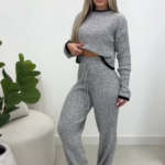 Kadın Uzun Kollu Bisiklet Yaka Kısa Trıko Bluz Ve Pantolon Ikili Takım