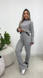 Kadın Uzun Kollu Bisiklet Yaka Kısa Trıko Bluz Ve Pantolon Ikili Takım