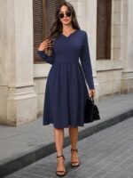 Kadın Uzun Kollu V Yakalı Cepli Midi Ithal Krep Elbise